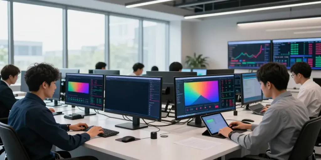 Traders analyzing market data with AI tools in a modern trading center.