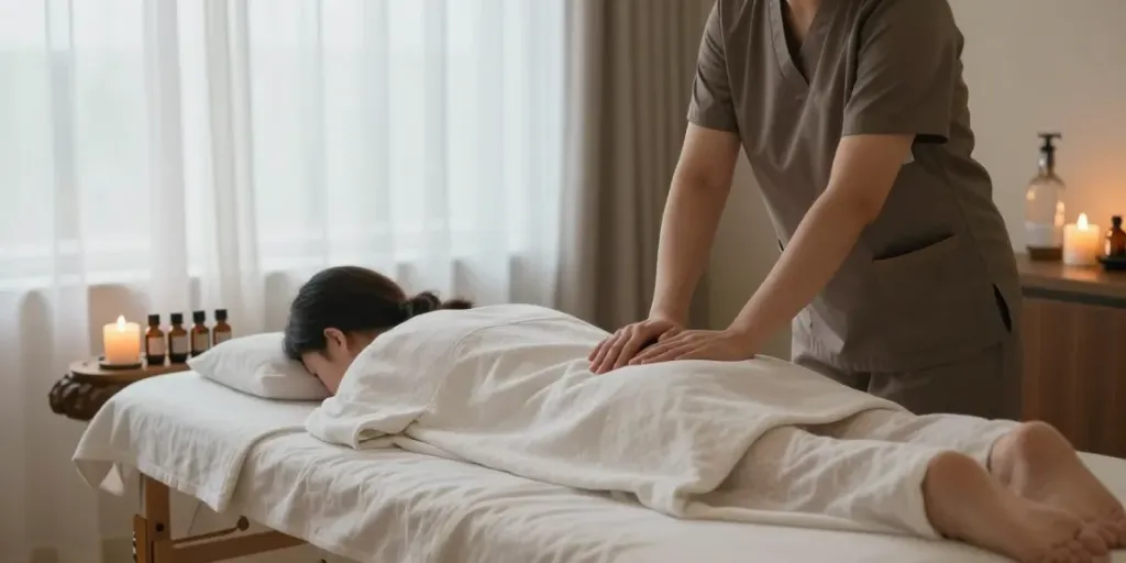 Comfortable 부평출장안마 home massage setting with candles, oils, and calming atmosphere.