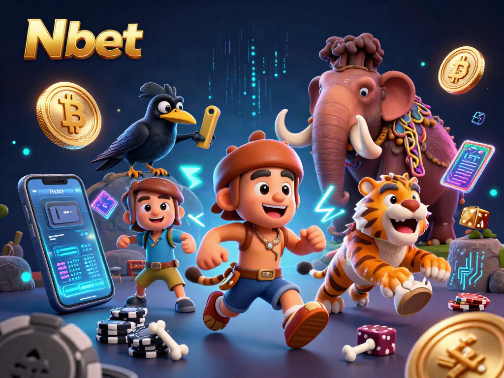 Nbet features a playful caveman casino scene with 3D cartoon figures and vibrant crypto elements