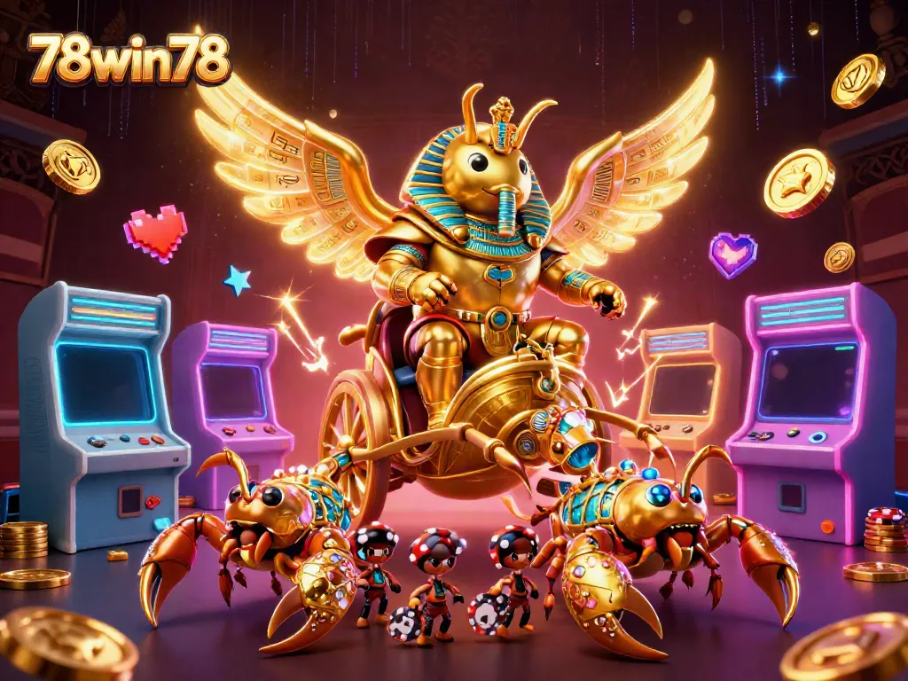 Experience the vibrant world of 78win78 through a stunning 3D casino illustration with animated game elements.
