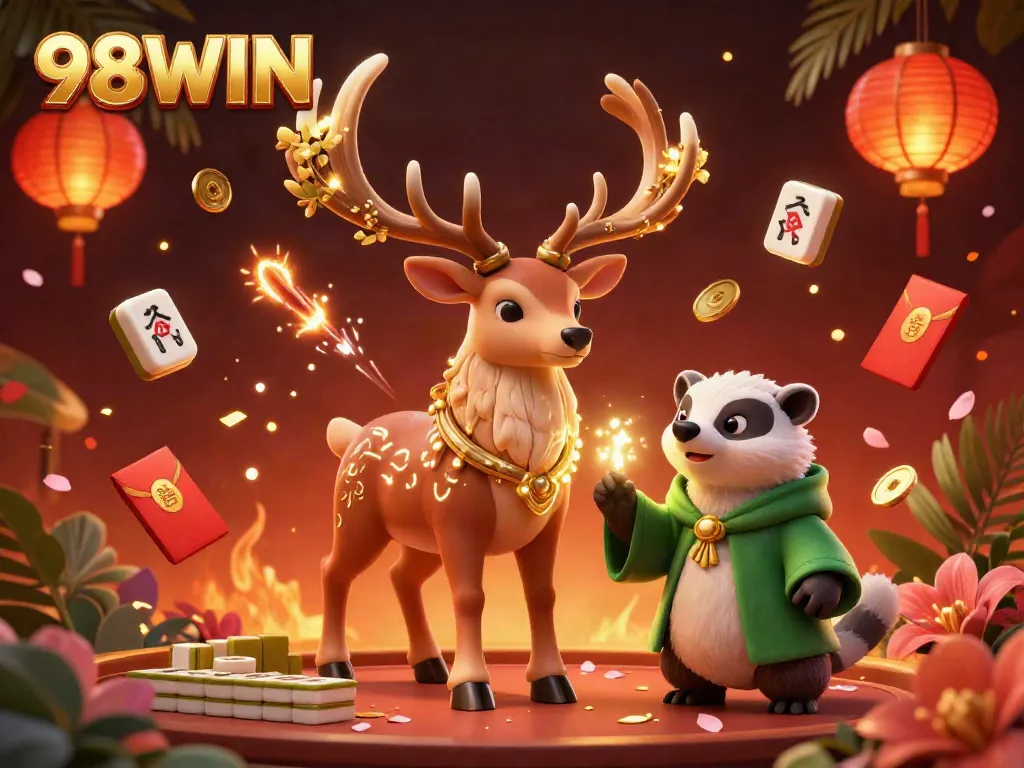 Experience the thrill of 98WIN with a vibrant 3D scene of a magical stag and badger in a casino setting.