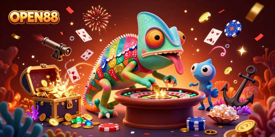 Experience the vibrant excitement of OPEN88 with a dazzling 3D chameleon casino owner amidst thrilling gaming elements.