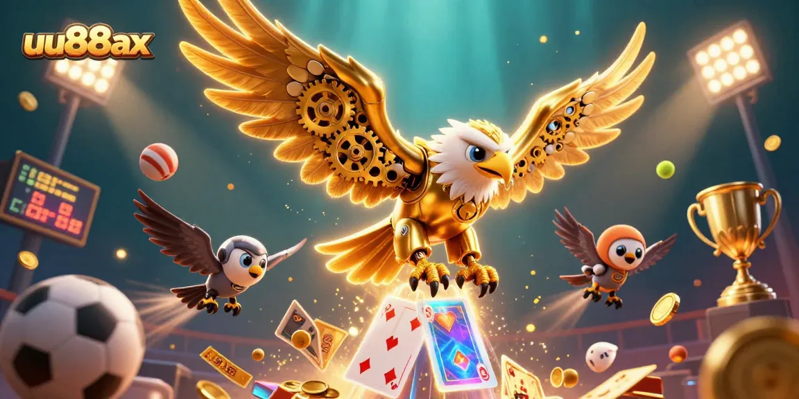 Experience immersive gaming with uu88ax's dynamic 3D illustration of a cybernetic eagle amidst sports elements.