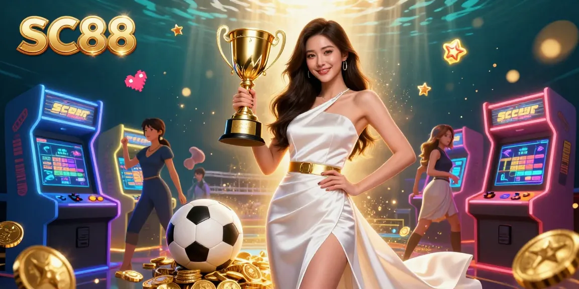 Win big with SC88 at an immersive casino scene featuring a triumphant woman and vibrant gaming elements.