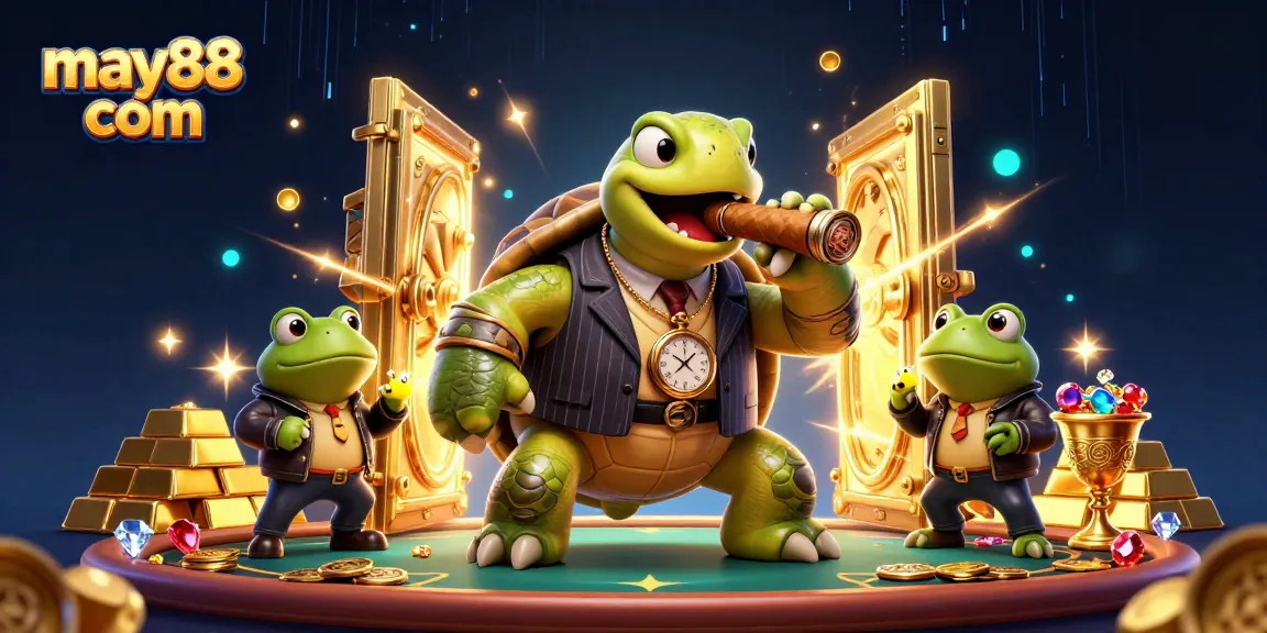 Experience excitement at may88 com with a vibrant 3D casino scene featuring characters and treasures.