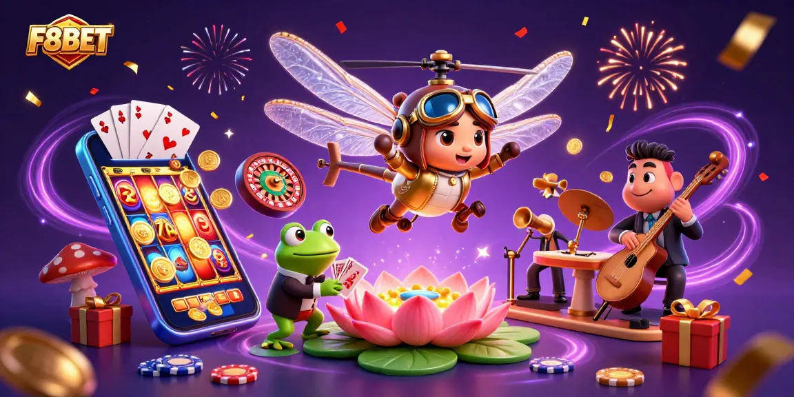 Experience thrilling gaming with F8BET featuring a dragonfly pilot and casino action.