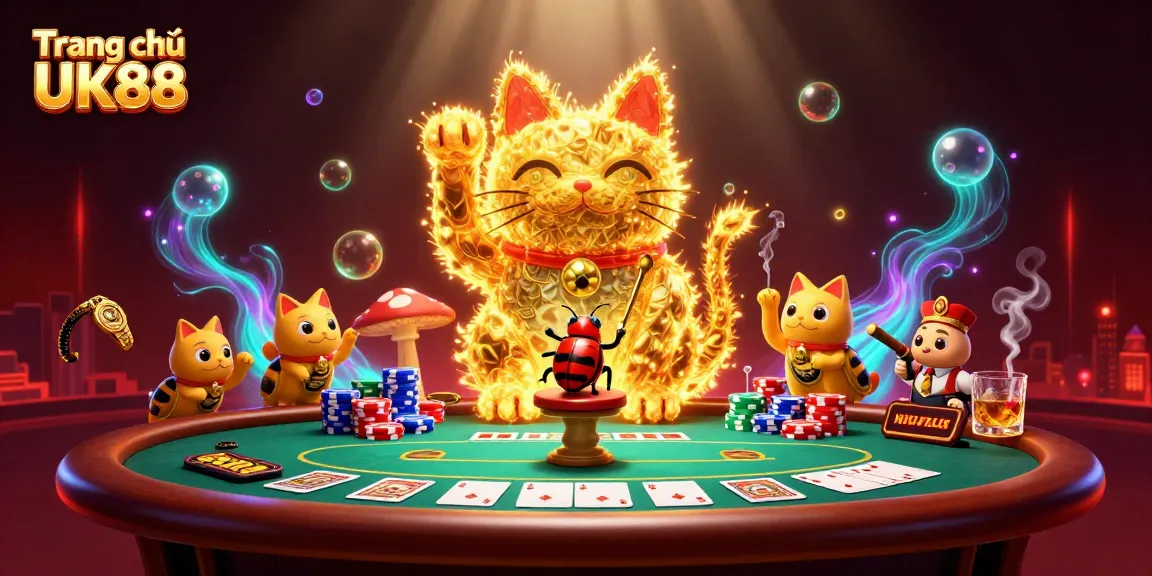 Play exciting casino games at Trang chủ UK88 amidst vibrant golden fireflies and dynamic symbols.