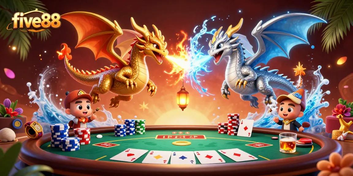 Experience the vibrant energy of five88 with dragons and poker elements in a dynamic casino scene.