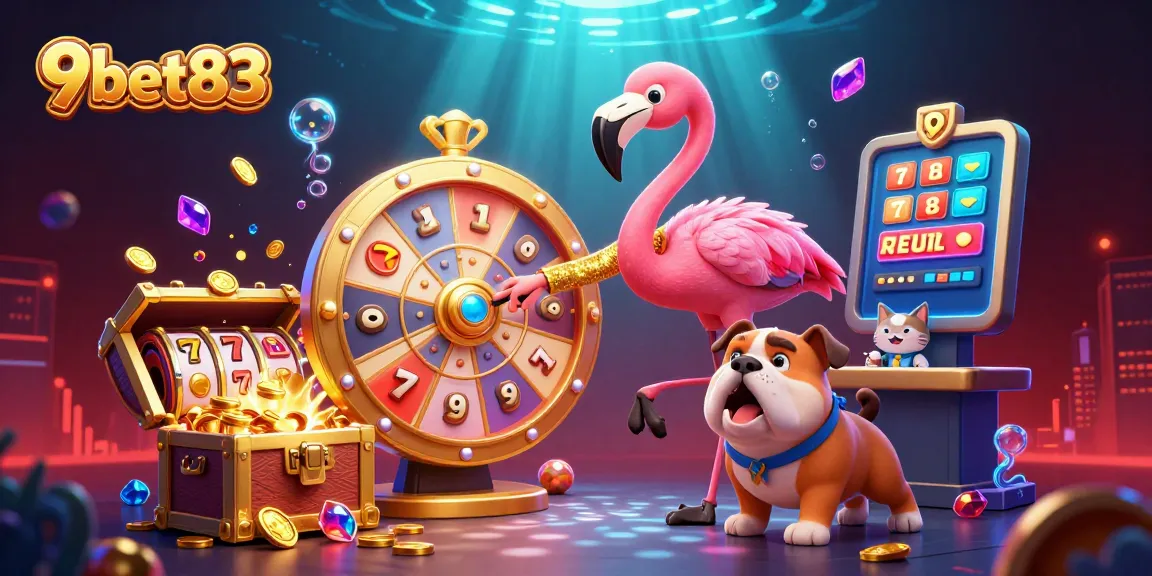 Spin the giant prize wheel with 9bet83 in this vibrant online casino scene filled with games and excitement.