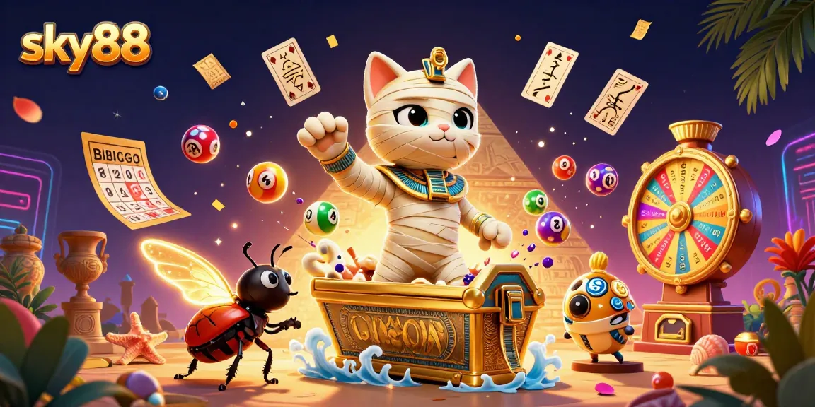 Engage with sky88's thrilling gaming adventure featuring vibrant elements like lottery and prize wheels.