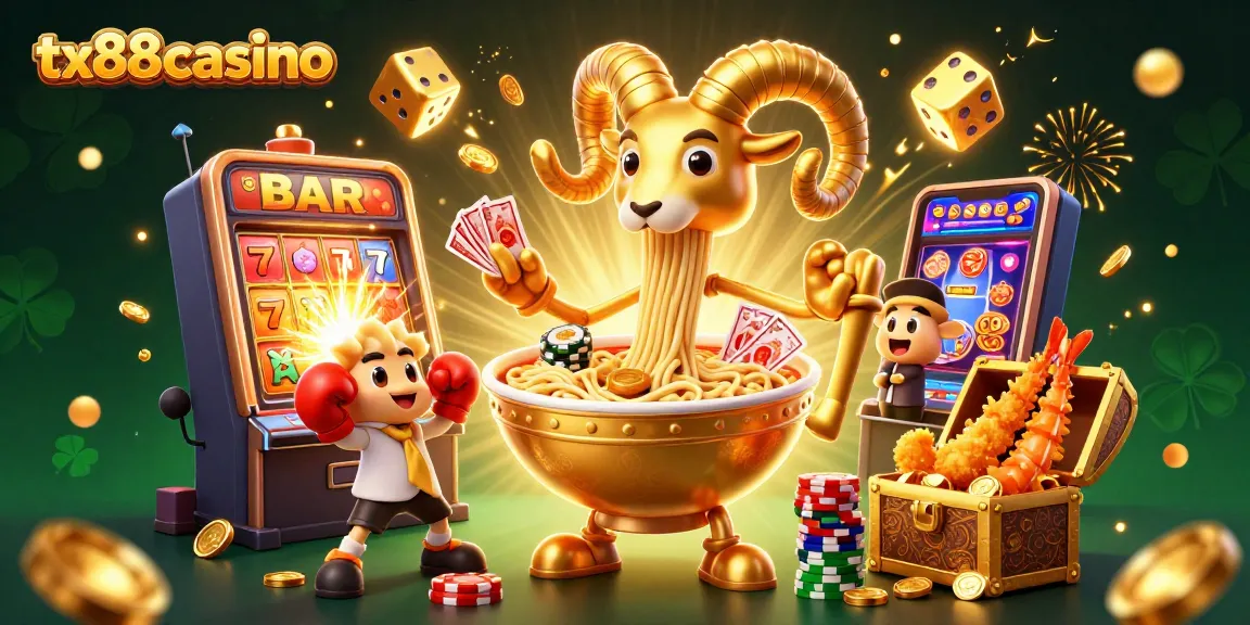 Engage with tx88casino's vibrant world where a golden ramen bowl deals cards amidst a jackpot explosion.