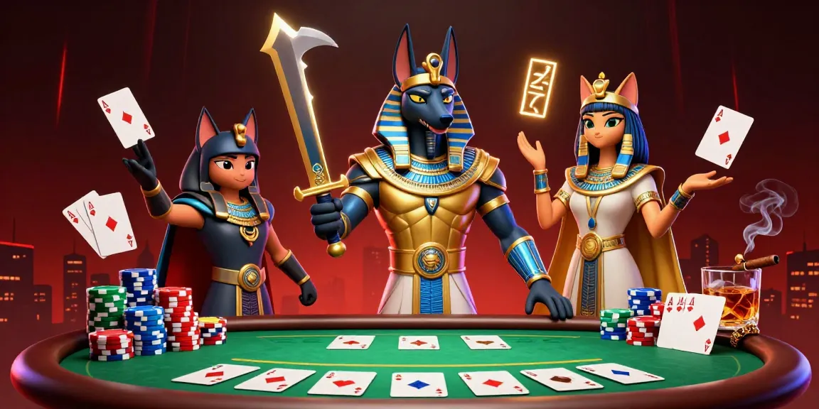 Engage in thrilling gameplay at Jun 88 with a vibrant casino scene featuring poker and Egyptian warriors.