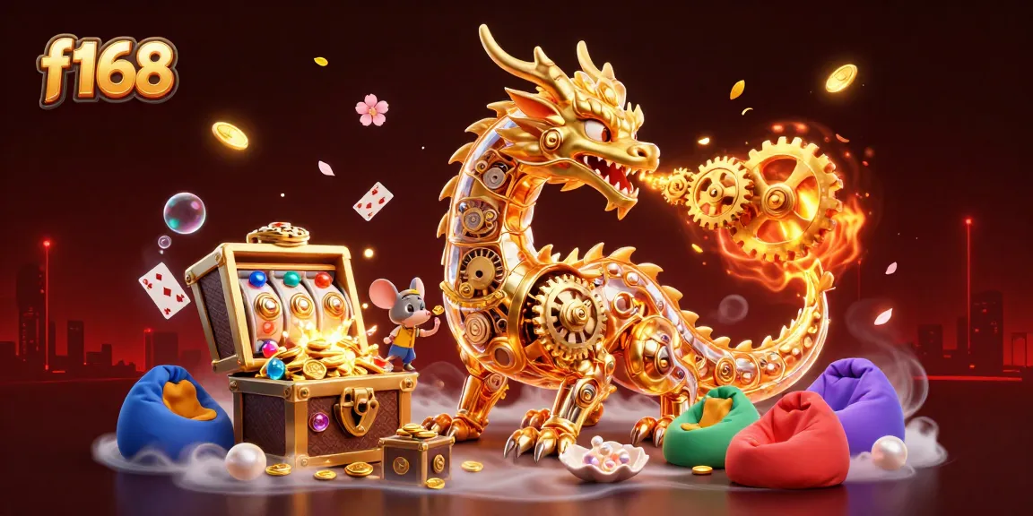 Experience thrilling action at f168 with a golden dragon amidst treasures and engaging game elements.