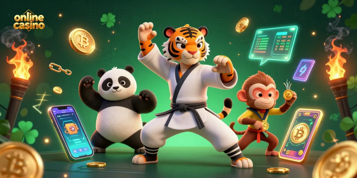 Experience an exciting online casino scene with a kung fu tiger master and panda in dynamic poses.