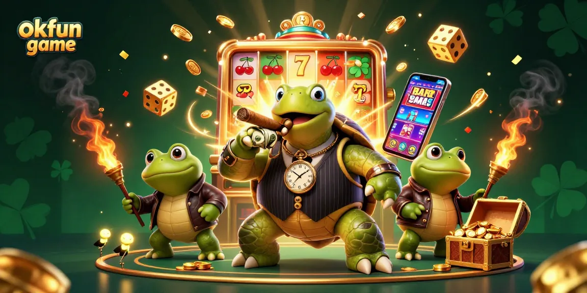 Experience the thrill of okfun game with a vibrant 3D casino scene featuring a turtle mobster and thrilling slot machine.