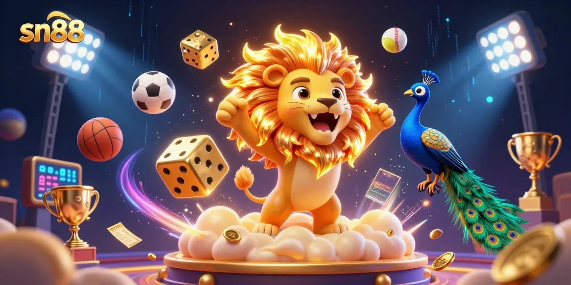 Experience the thrill of sn88 betting with a vibrant casino scene featuring a sun lion, dynamic sports elements, and a celebratory atmosphere.