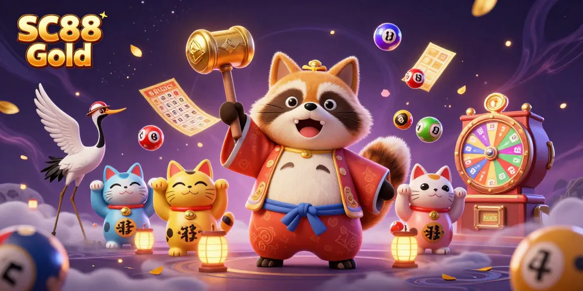 Engage with SC88 Gold as cartoon tanuki celebrates wins with lottery elements and playful visuals.